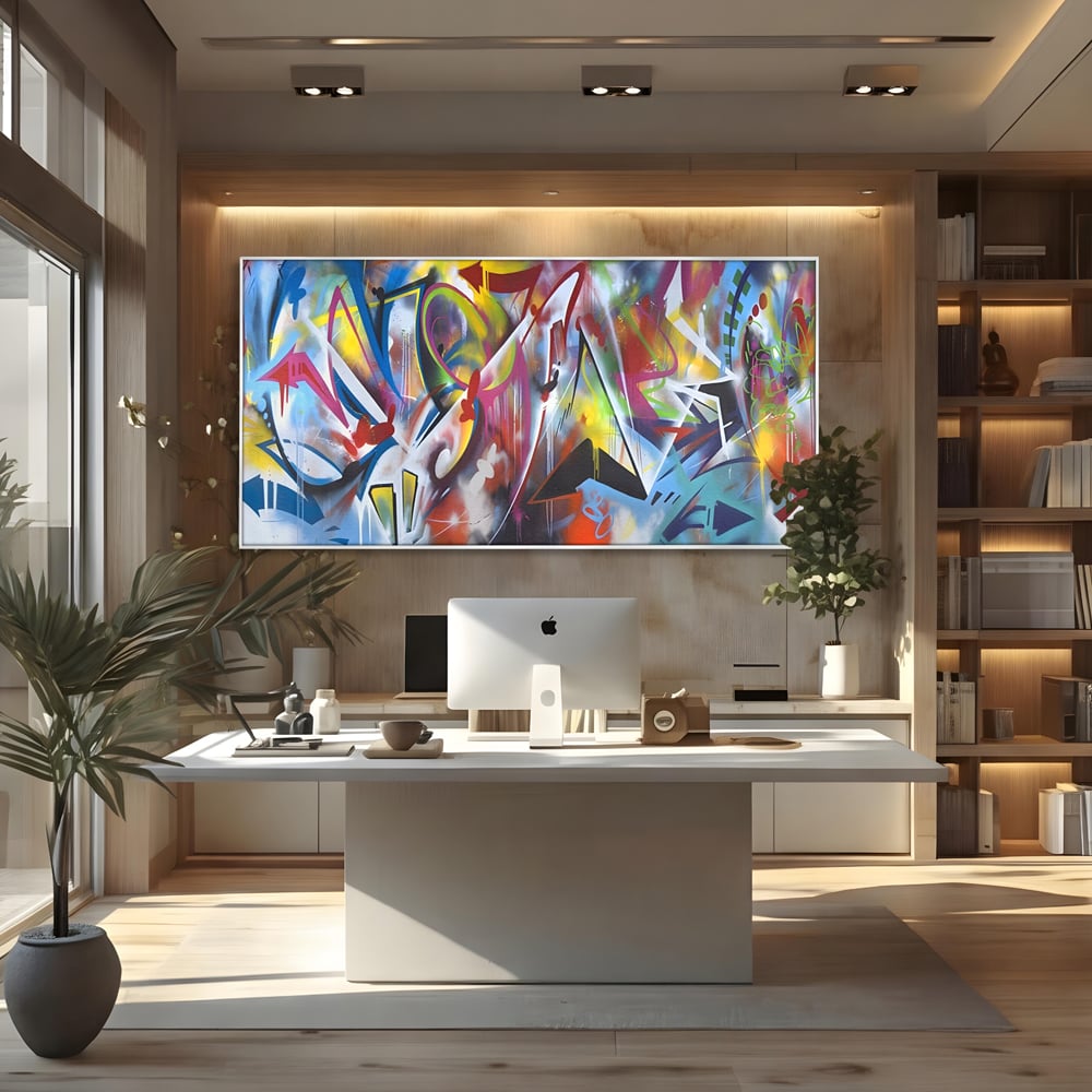 Tablou canvas cu tablou canvas cu arta graffiti colorata, in rama de aluminiu argintiu, pe perete intr-un birou